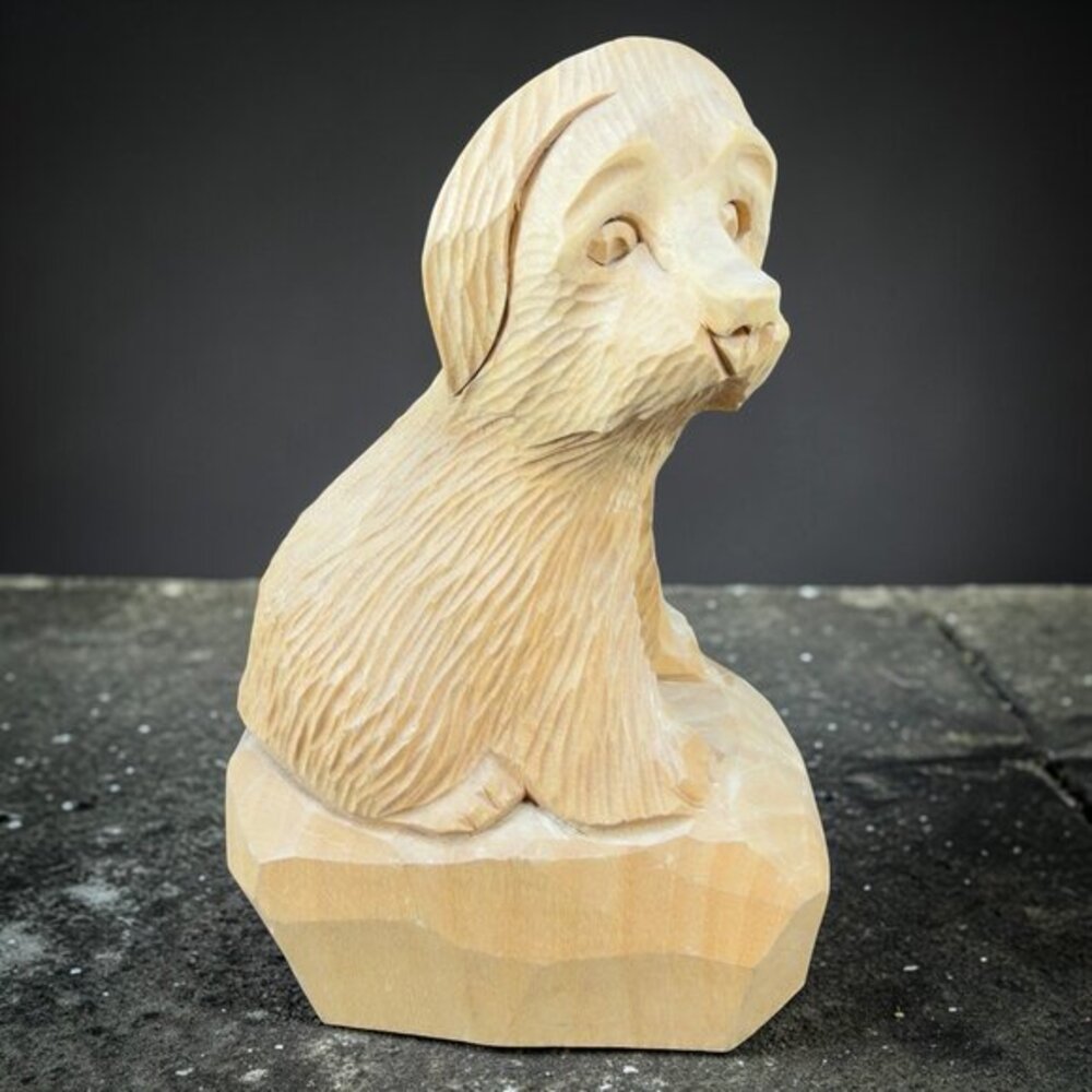 Janine Bourgault Hand Carved Solid Wood Shaggy Sheepdog Figurine Artist Signed